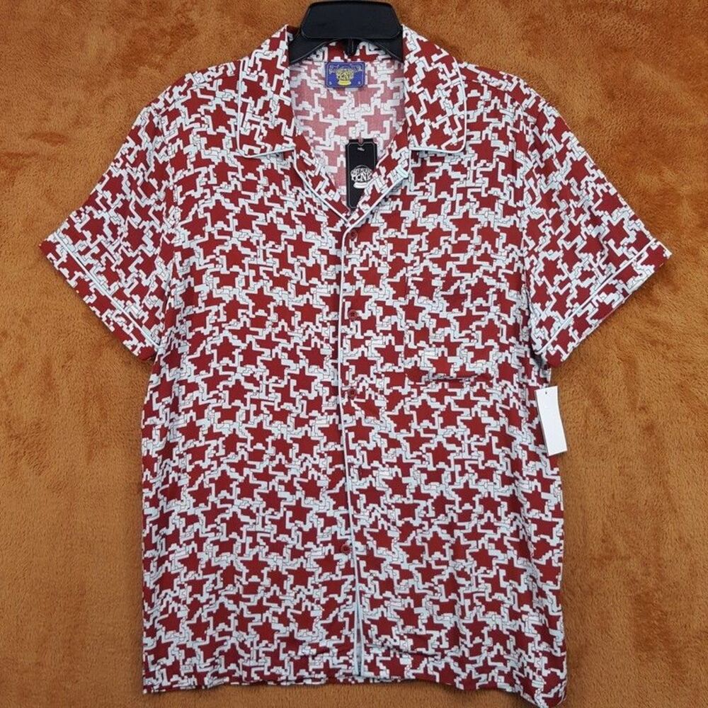 CONEY ISLAND Button Camp Shirt Mens Small Red Digital Tetris Star Pocket